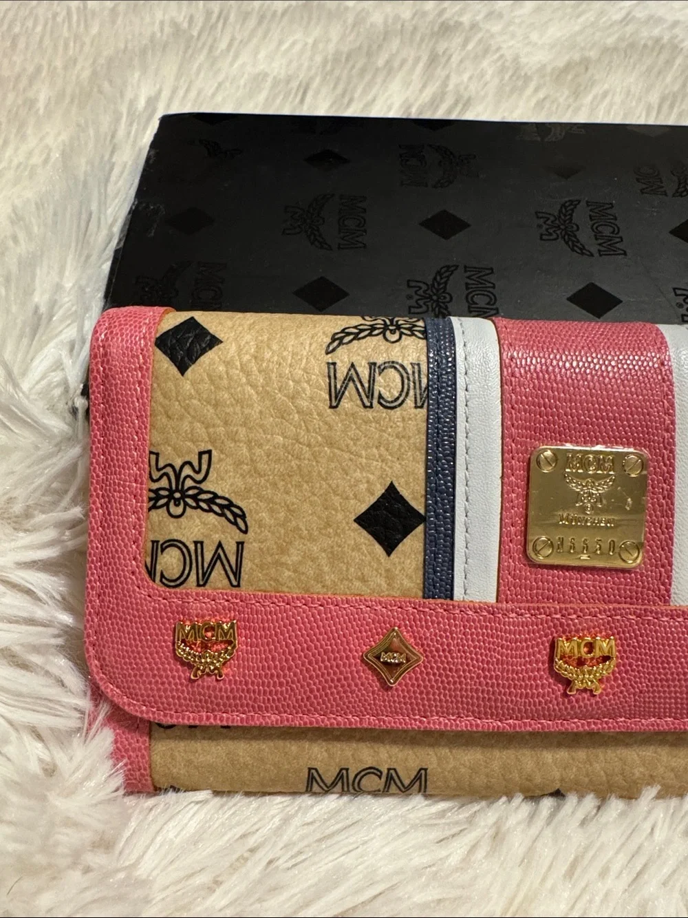 MCM Beige Monogram Long Trifold Wallet with Pink Trim and Gold Accents NWT